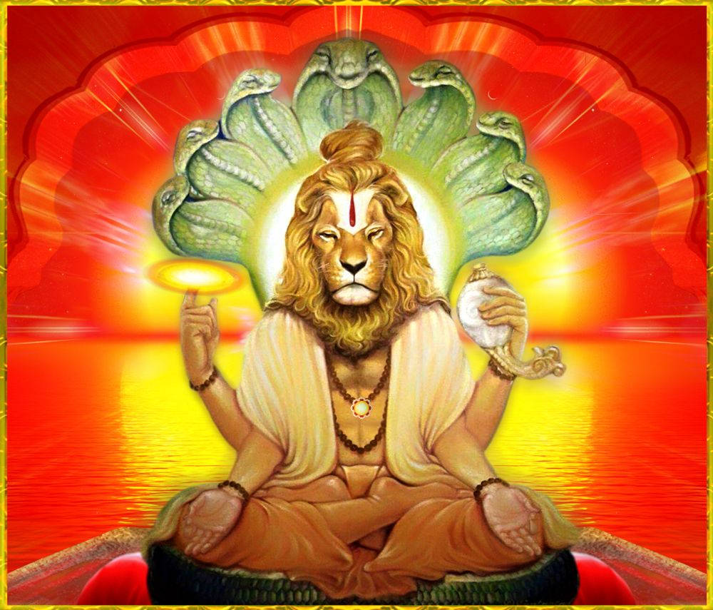 Lord Narasimha, lion head, multi-headed serpent crown, SD Desktop Wallpaper