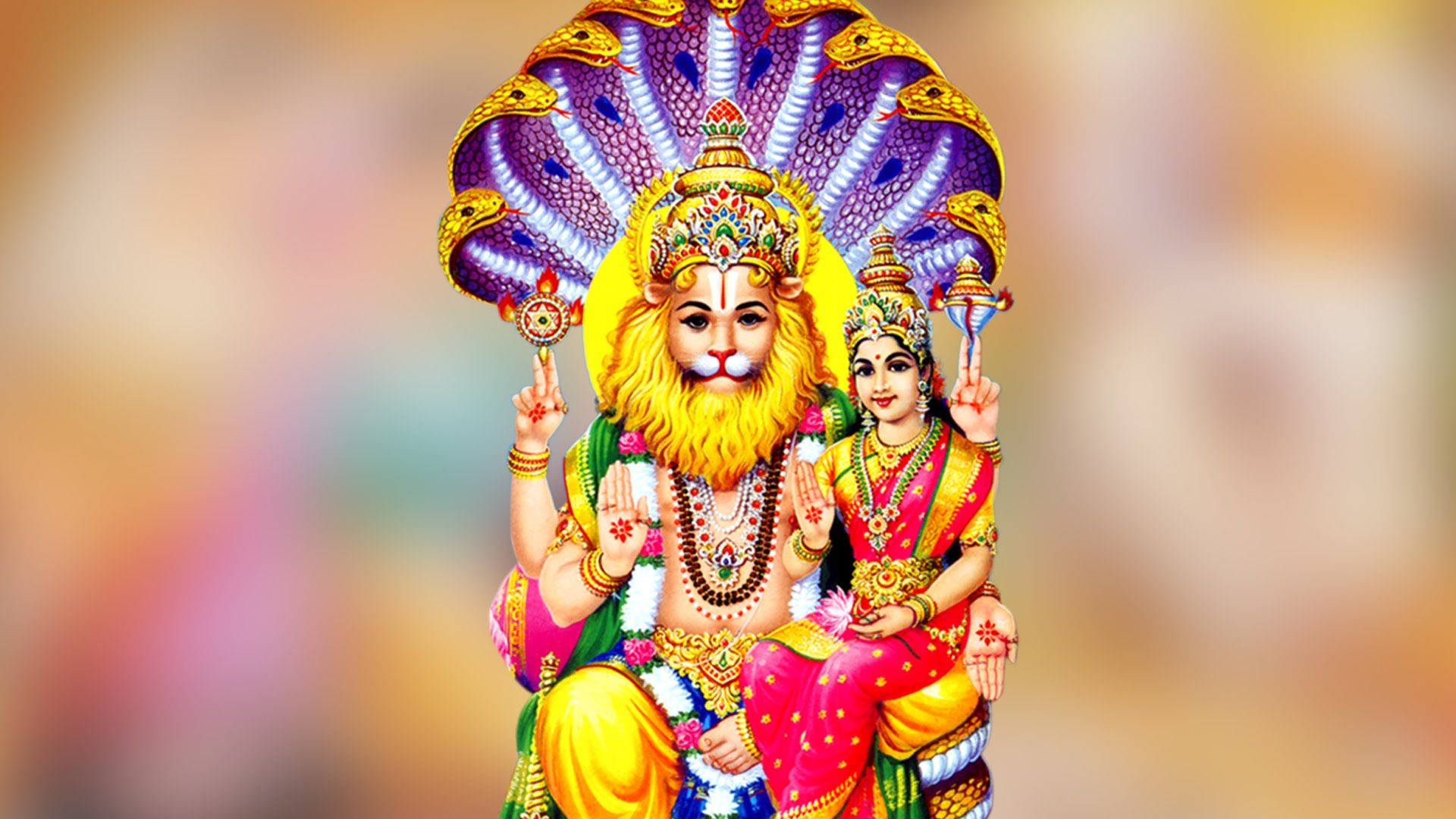 Lord Narasimha, gold, jewel tones, Full HD Desktop Wallpaper