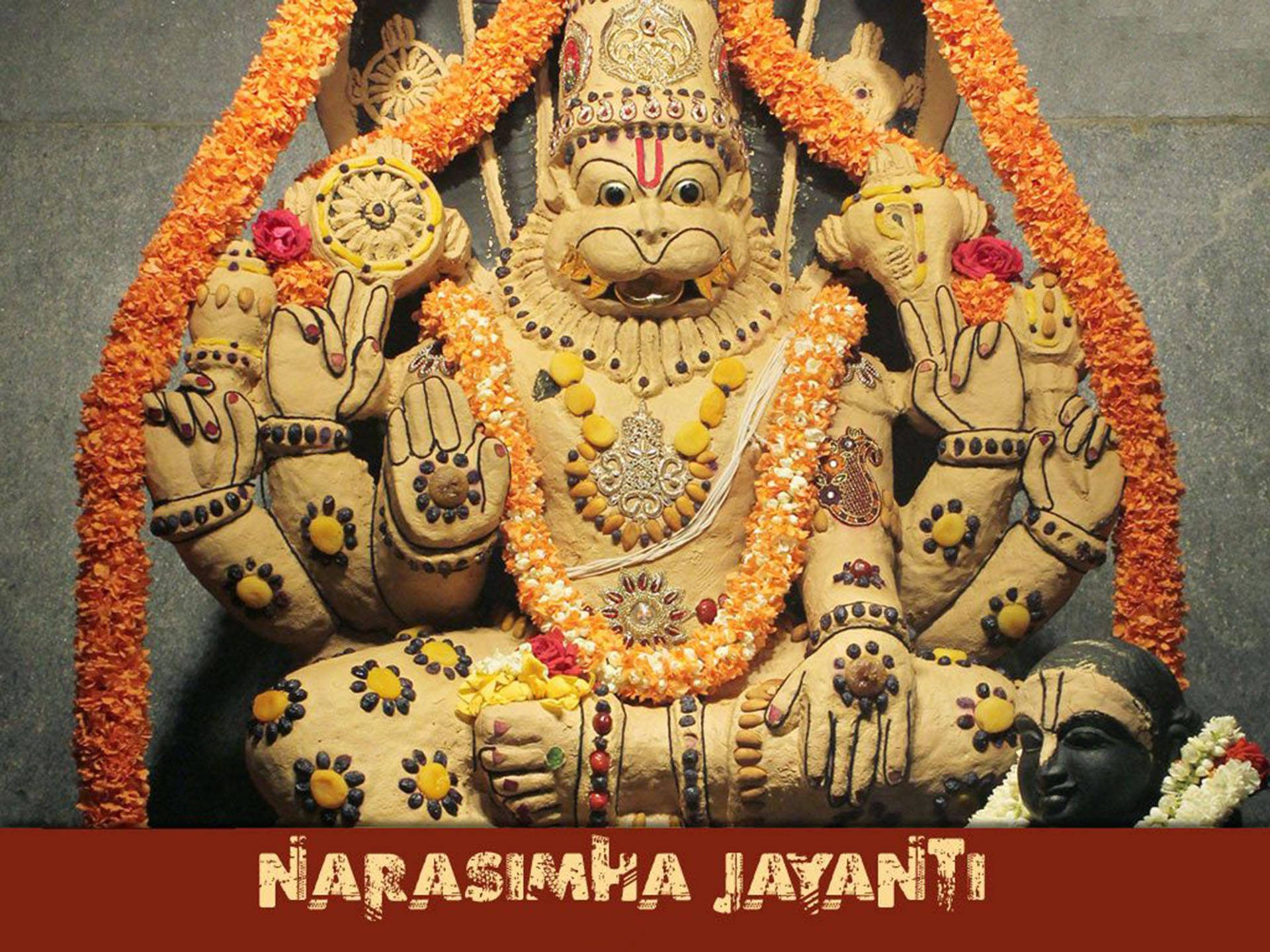 Lord Narasimha, clay statue, orange marigold garlands, Full HD Desktop Wallpaper