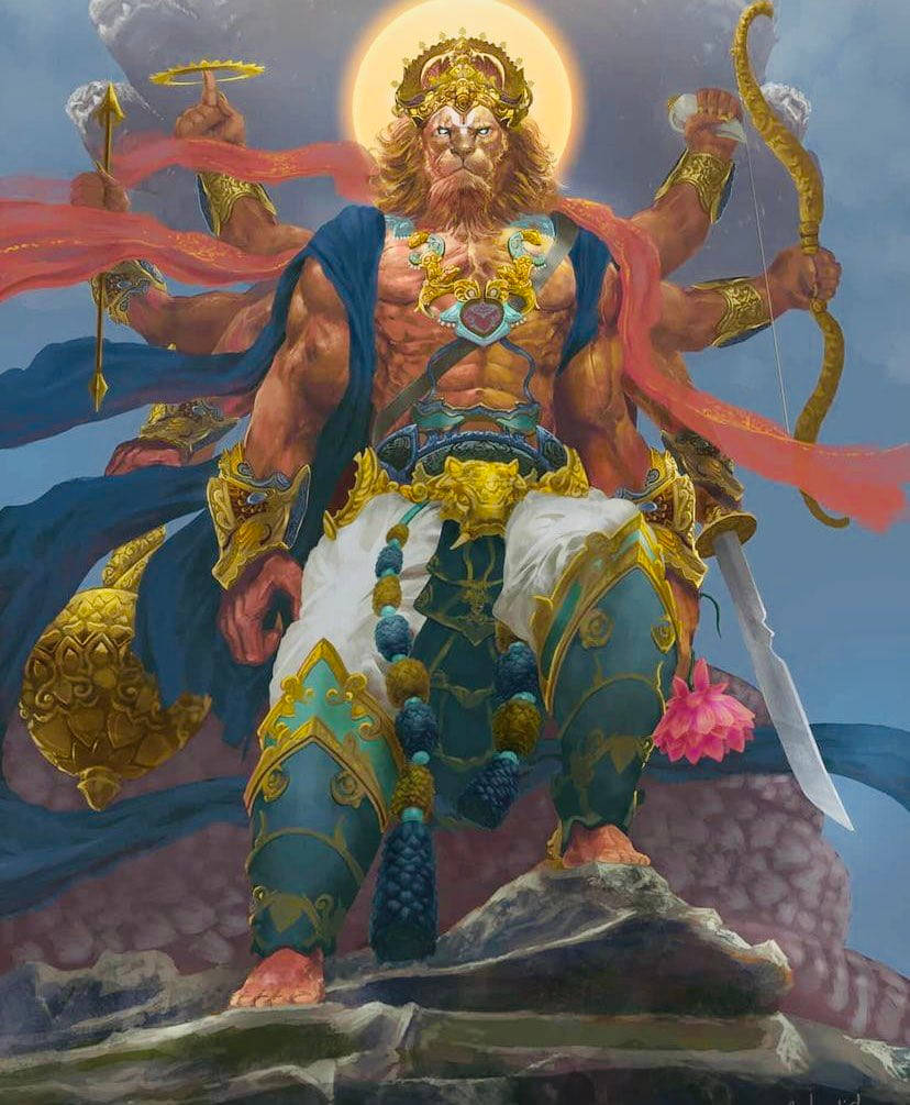 Lord Narasimha, lion-headed deity, golden and blue armor, SD Phone Wallpaper