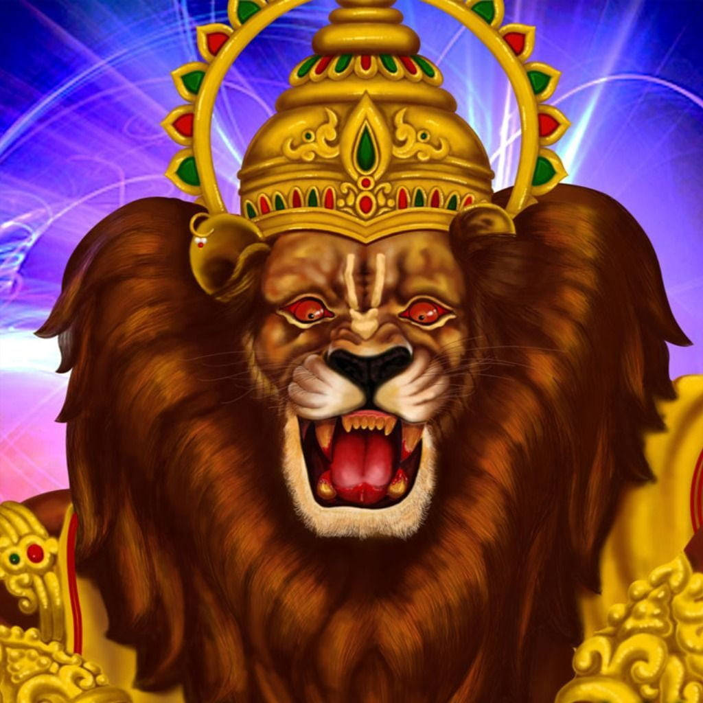 Lord Narasimha, golden crown, lion, SD Desktop Wallpaper
