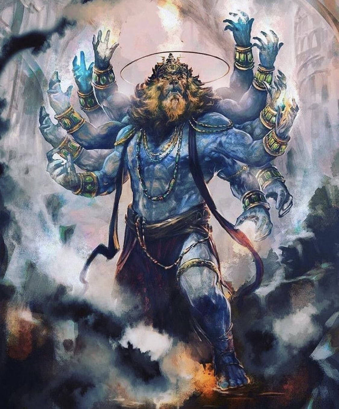 Blue Lord Narasimha, multi-armed deity, crown, HD Phone Wallpaper