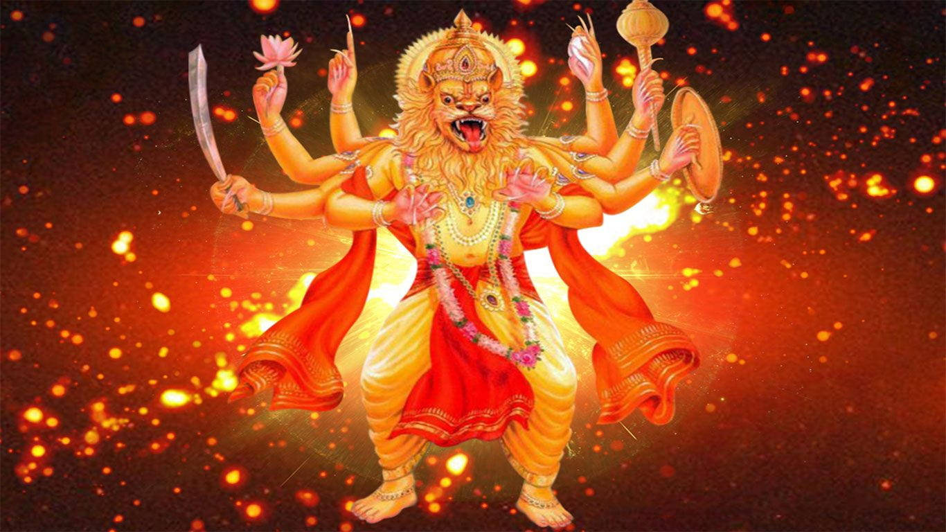 Narasimha, lion-headed deity, vibrant orange and red robes, HD Desktop Wallpaper