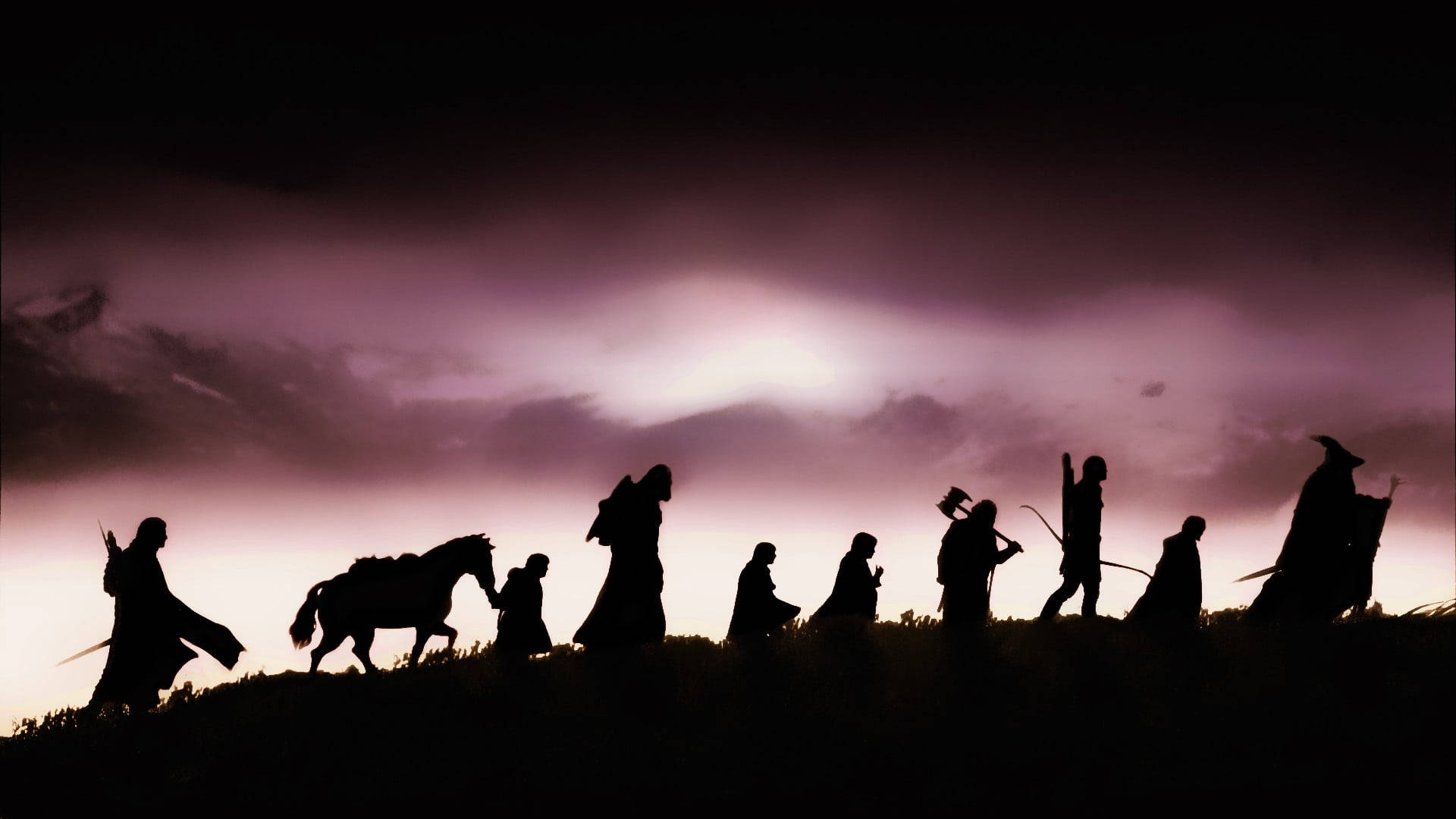 Lord Of The Rings Landscape, purple sky, medieval warriors, Full HD Desktop Wallpaper