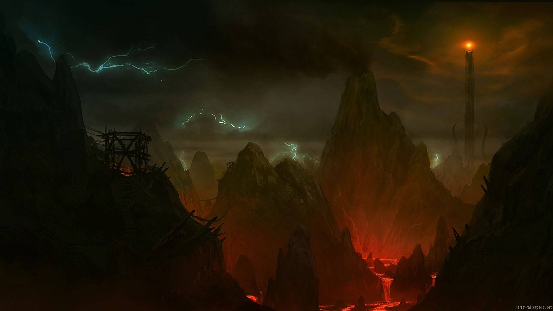 Lord Of The Rings Landscape, lightning, jagged mountains, Full HD Desktop Wallpaper