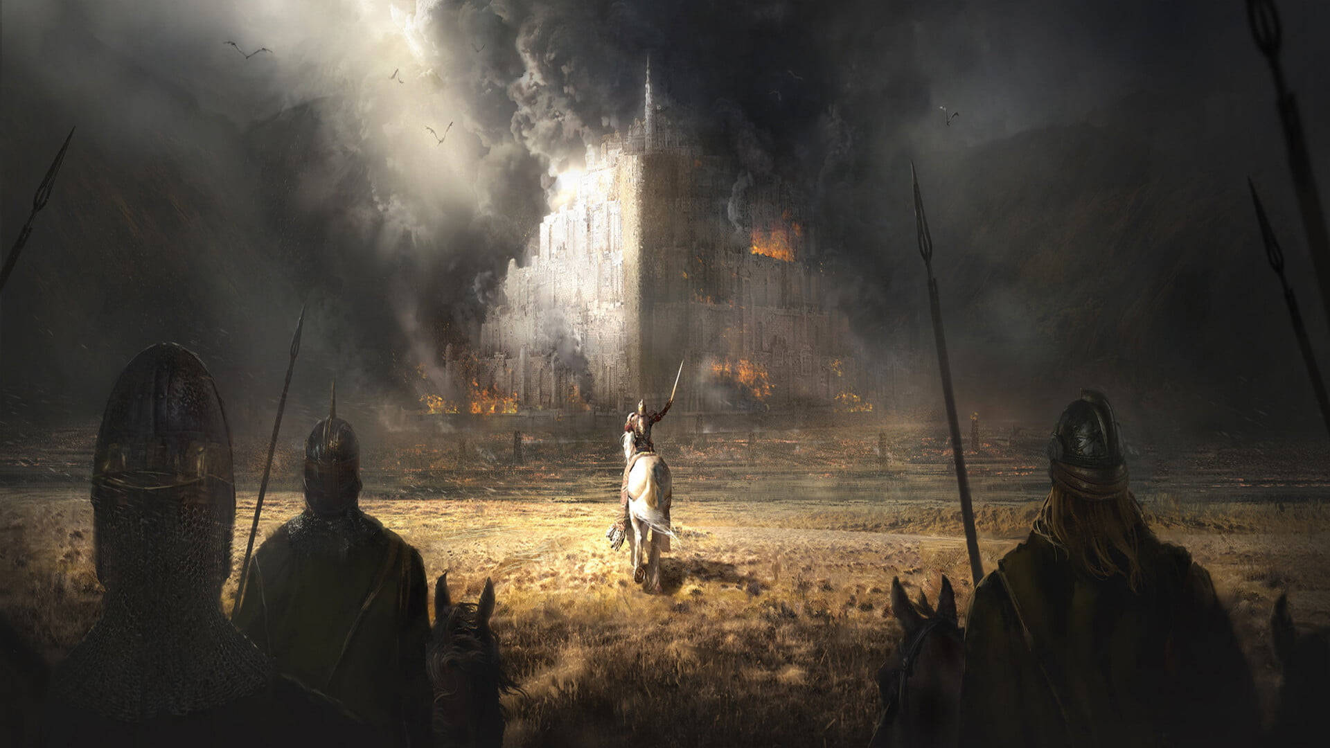 Lord Of The Rings Landscape, castle on fire, lone knight, Full HD Desktop Wallpaper