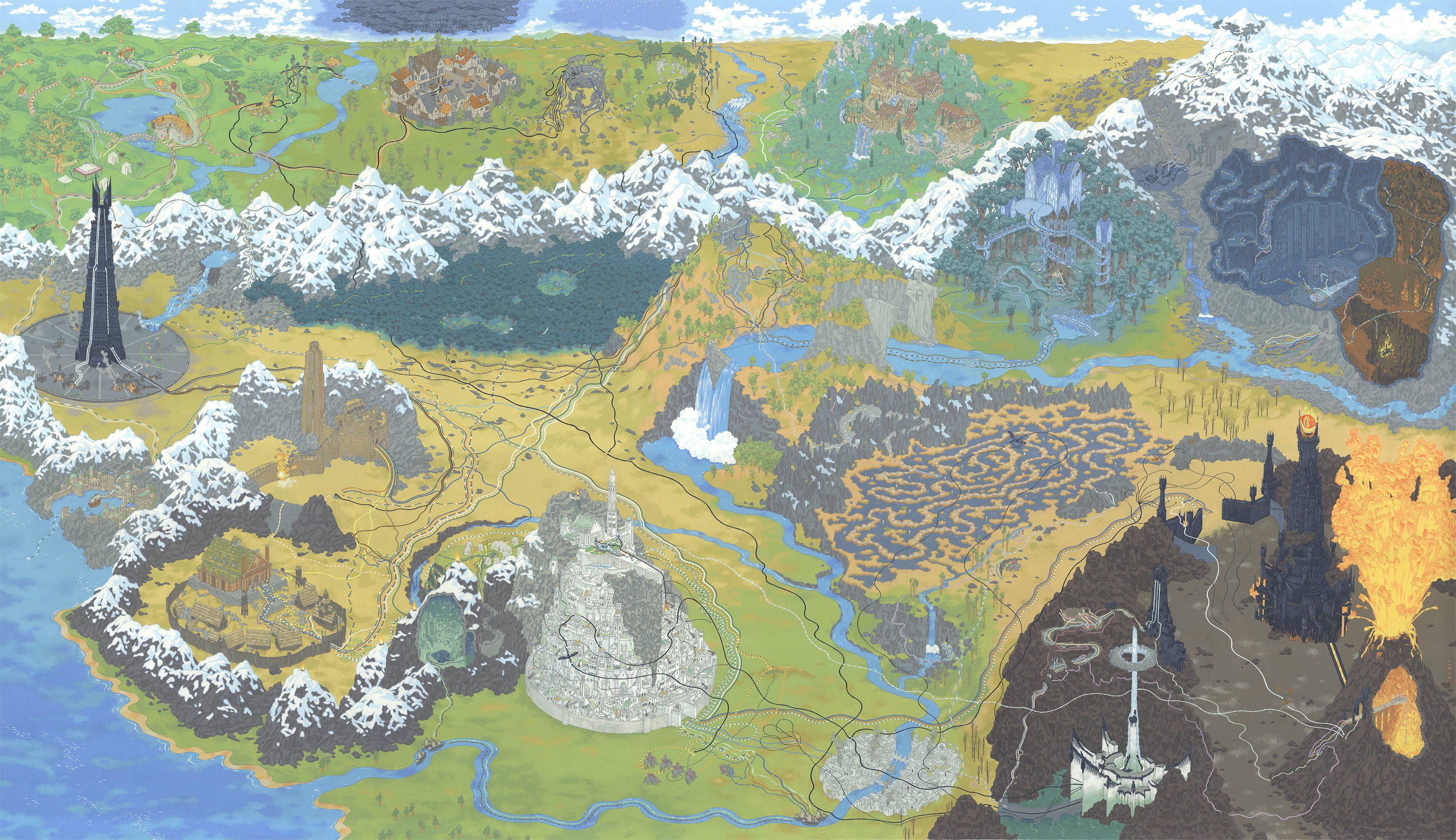 Lord Of The Rings Landscape, colorful map, snowy peaks, 2K Desktop Wallpaper