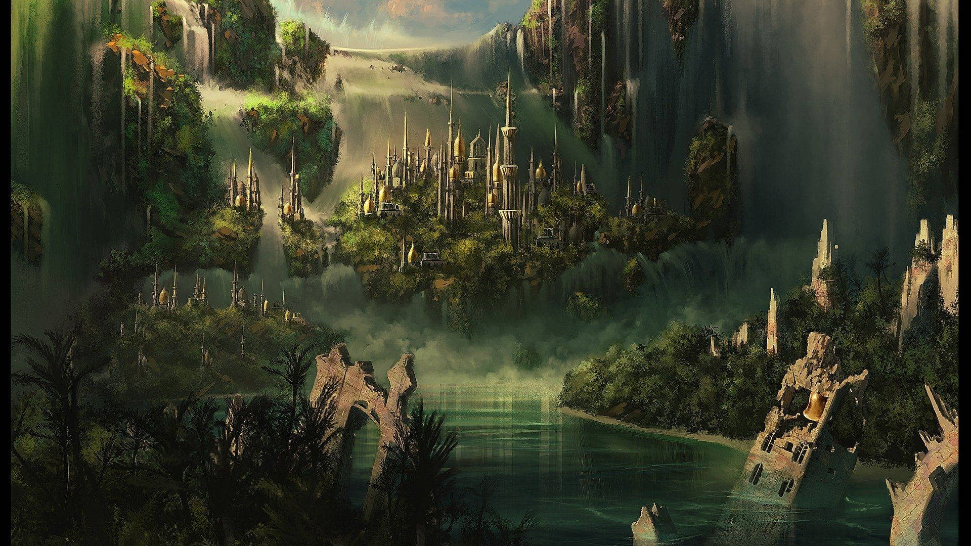 Lord Of The Rings, fantasy landscape, waterfall, Full HD Desktop Wallpaper