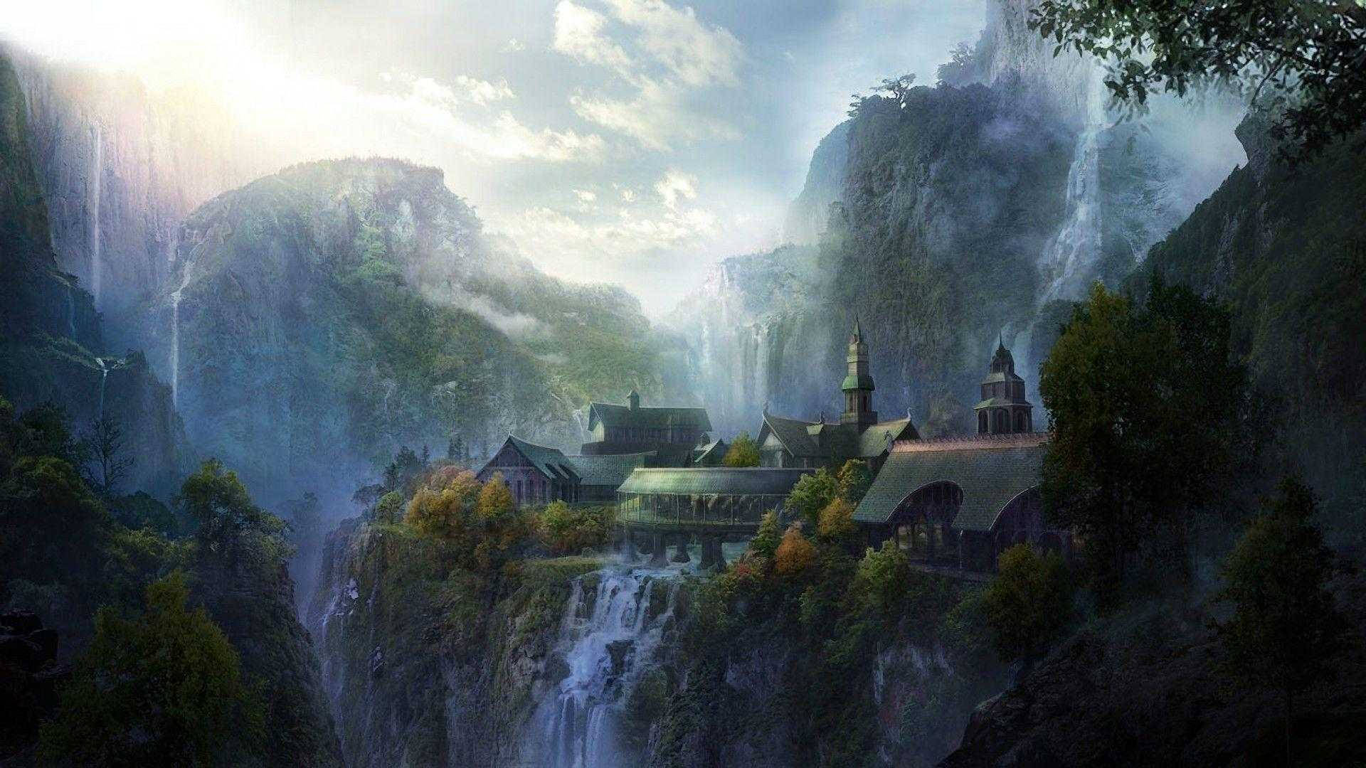 Lord Of The Rings, waterfall, castle, Full HD Desktop Wallpaper