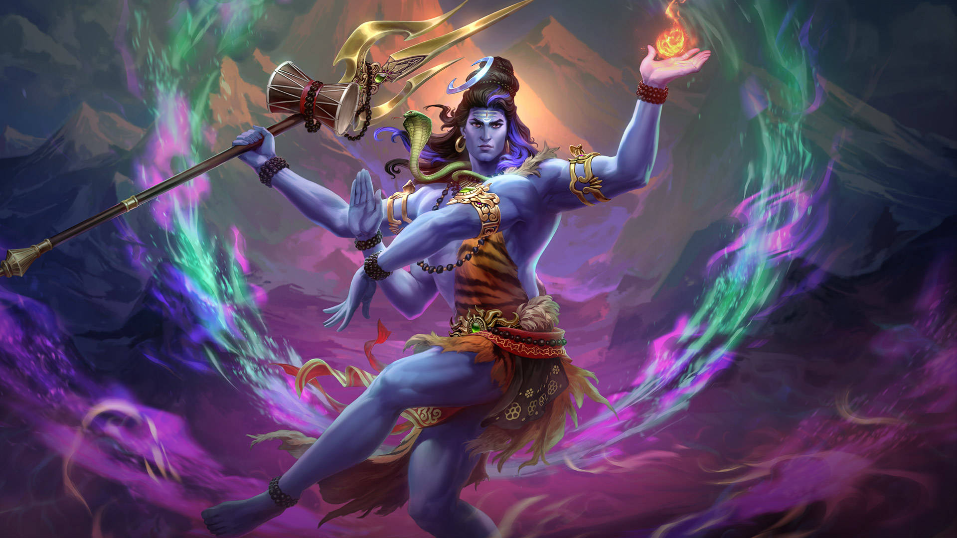 Lord Shiva, blue-skinned, multiple arms, Full HD Desktop Wallpaper