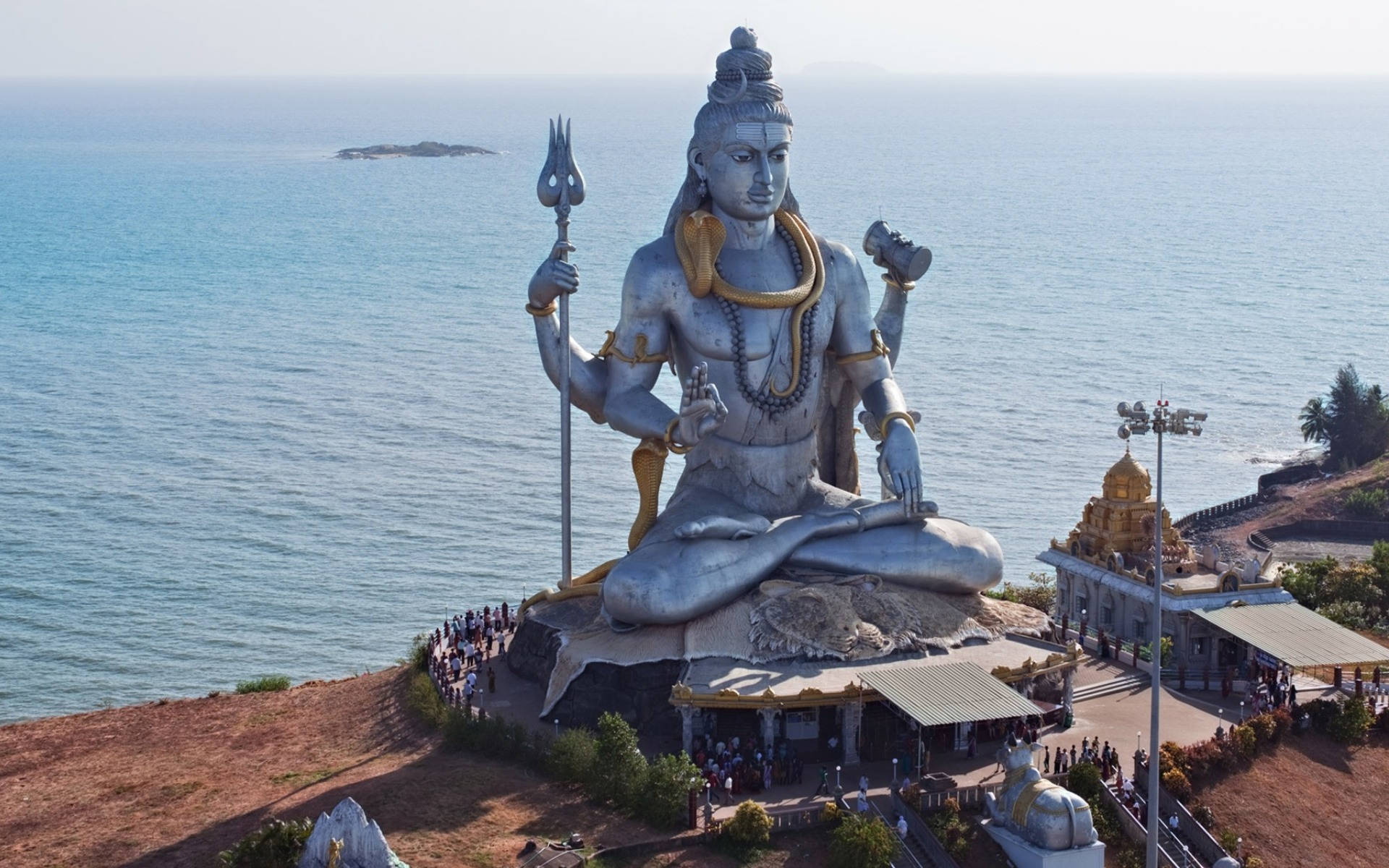 Lord Shiva, silver statue, cliff, Full HD Desktop Wallpaper