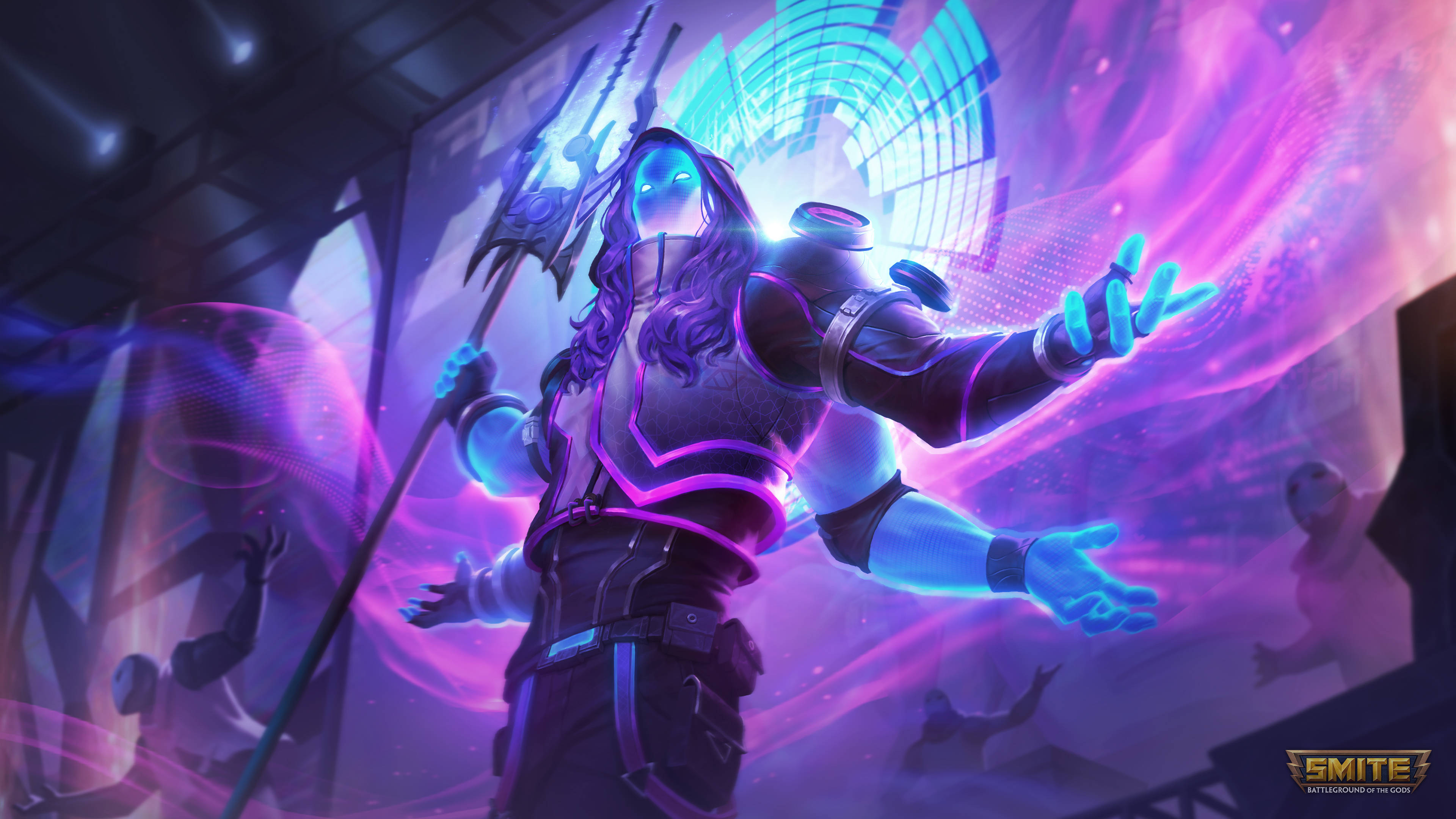 Lord Shiva 4K, glowing purple and blue armored warrior, long hair, 4K Desktop Wallpaper