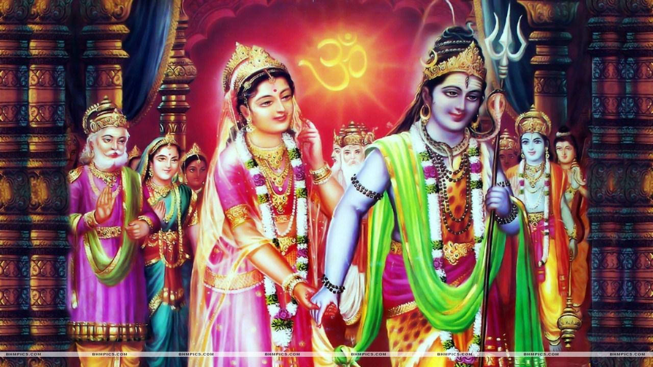 Lord Shiva Family, colorful dresses, glowing om symbol, HD Desktop Wallpaper