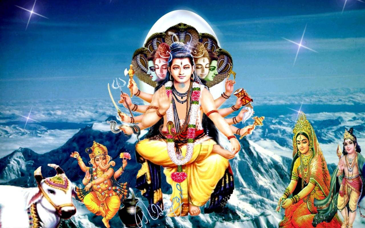 Lord Shiva Family, snowy mountains, crescent moon, HD Desktop Wallpaper