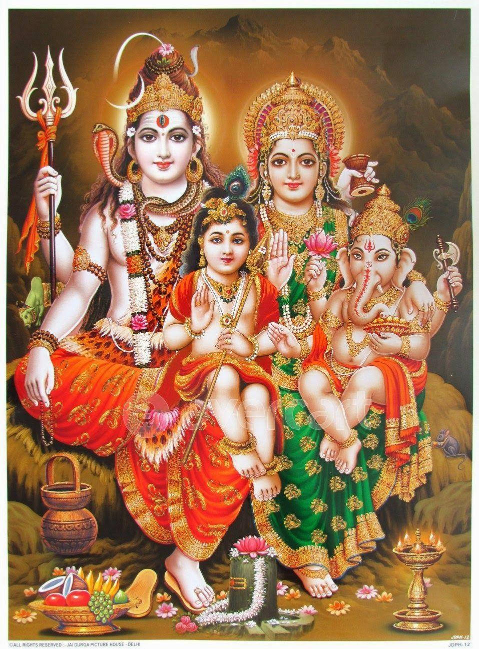 Lord Shiva Family, glowing crowns, vibrant gold and red garments, HD Phone Wallpaper