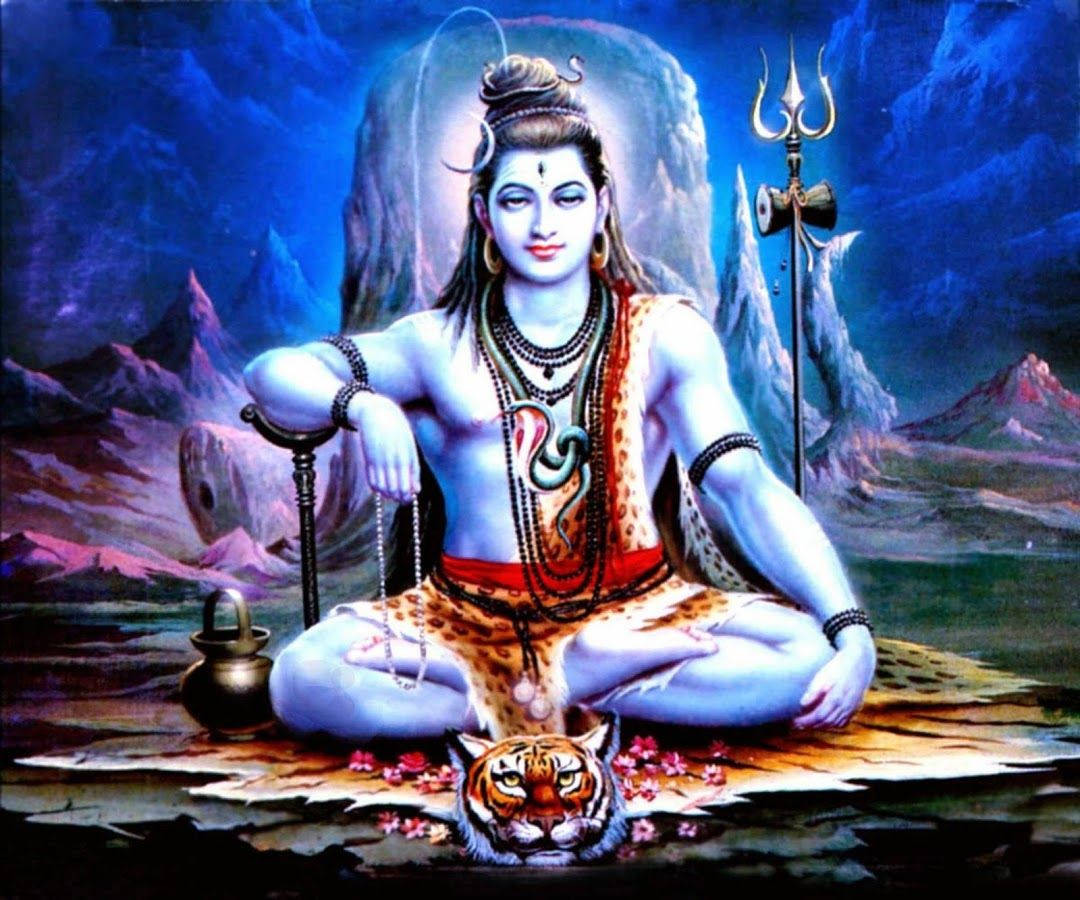 Lord Shiva, tiger skin, moonlit mountain, SD Desktop Wallpaper