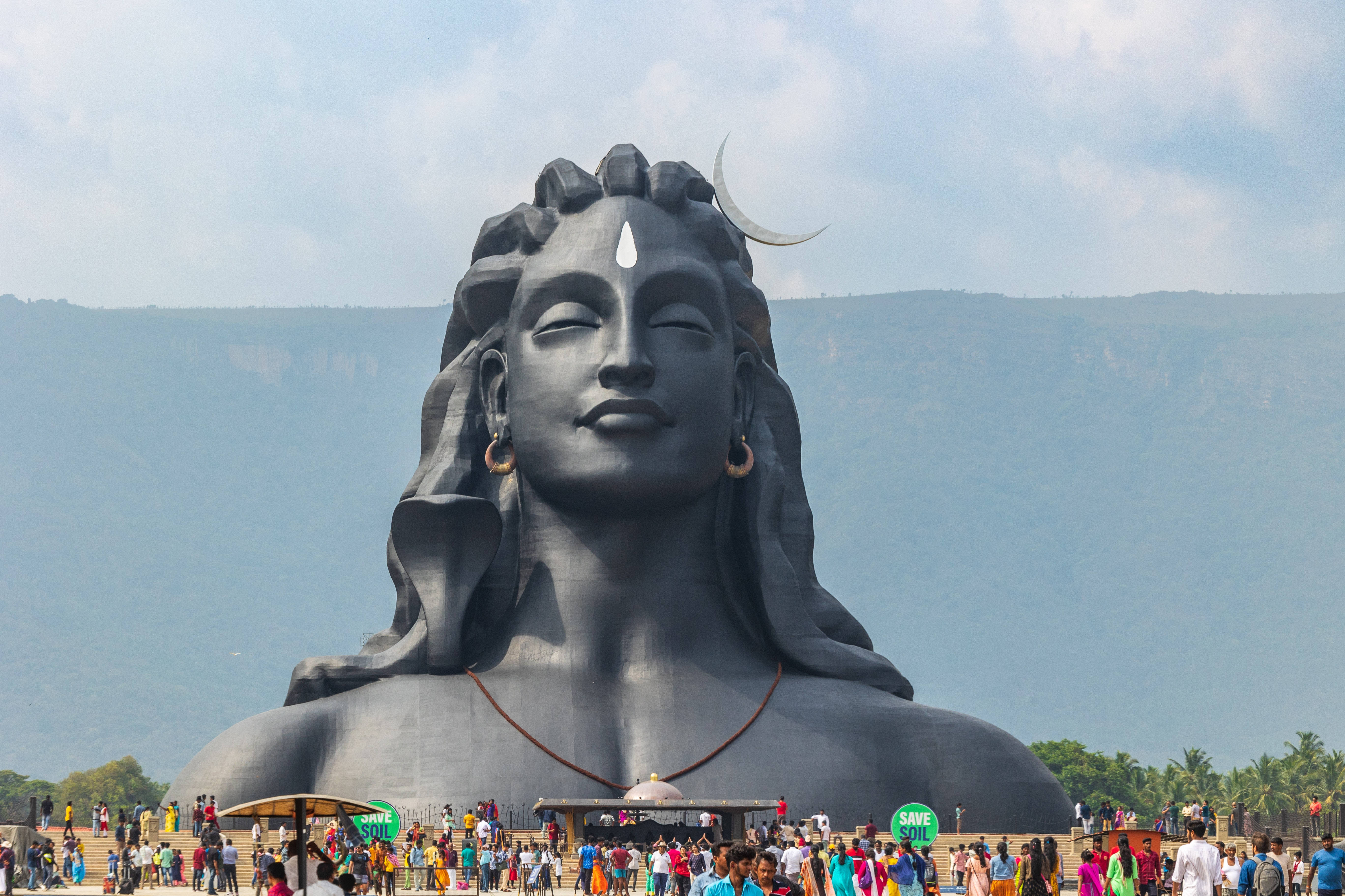 Lord Shiva, colossal black monolithic statue, crescent moon, 5K Desktop Wallpaper