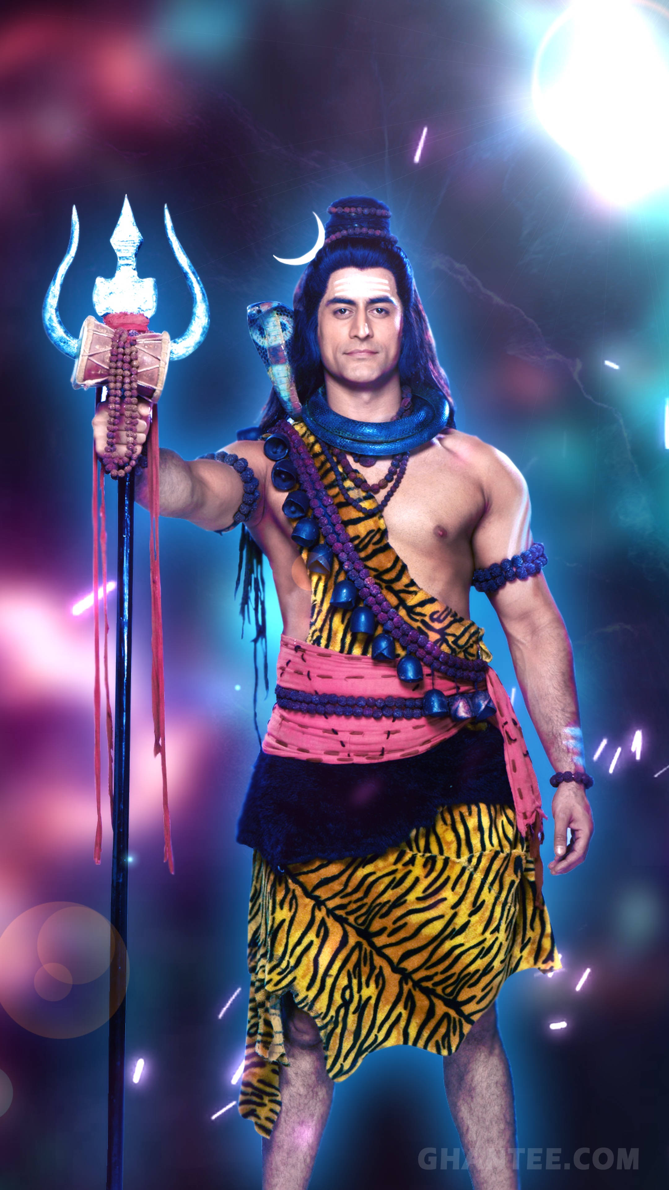 Lord Shiva, trident, cosmic background, 4K Phone Wallpaper