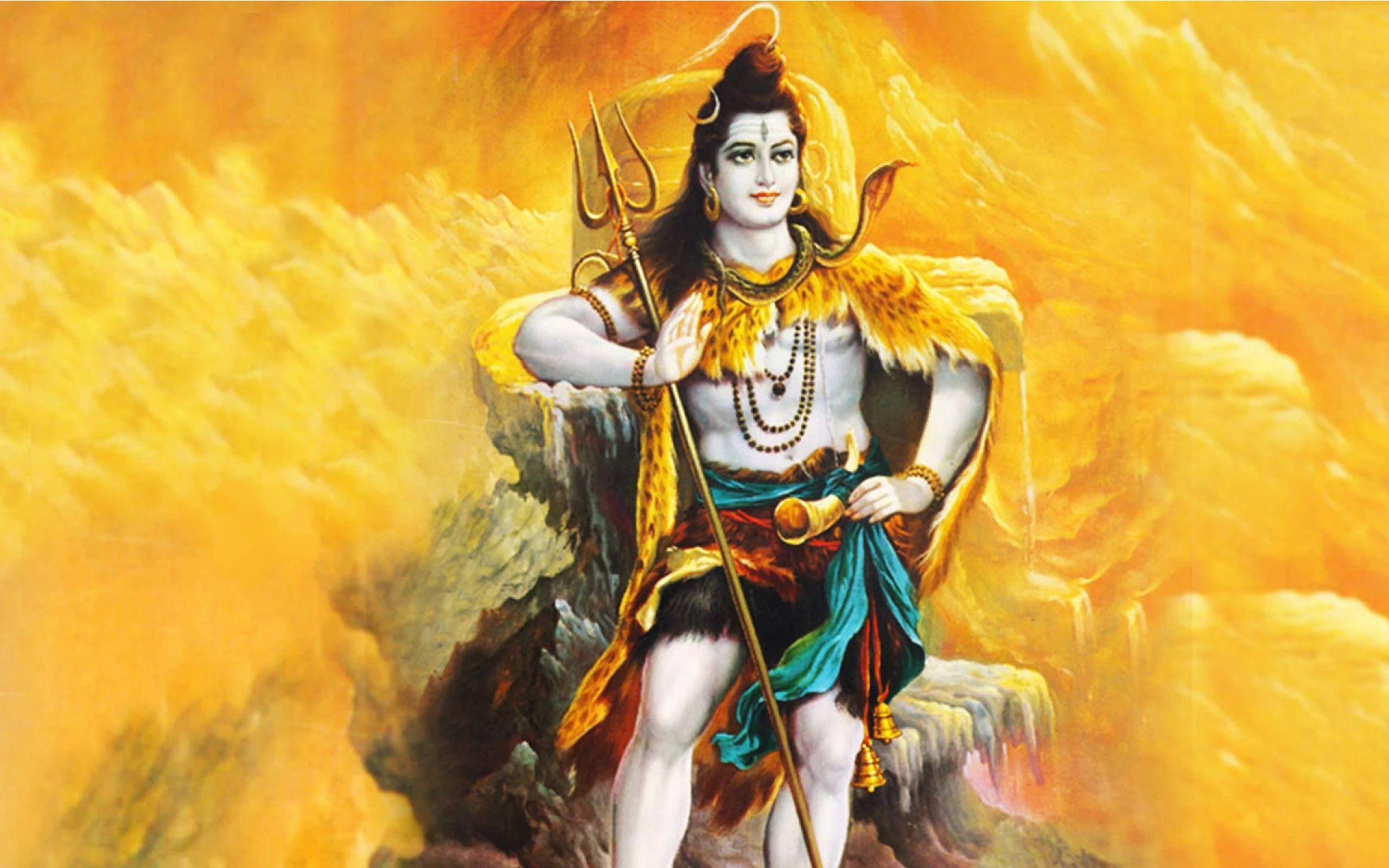Golden Lord Shiva, mountain peak, trident, 2K Desktop Wallpaper