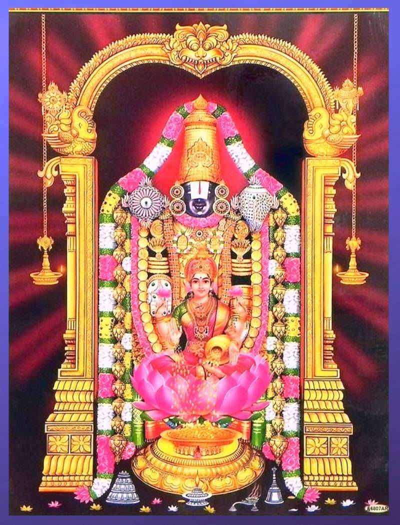 Lord Venkateswara, red curtain, gold and pink flowers, SD Phone Wallpaper