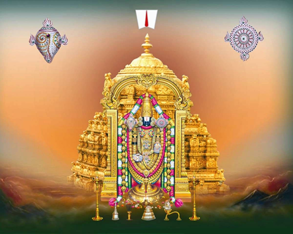 Lord Venkateswara, golden temple, colorful garlands, SD Desktop Wallpaper
