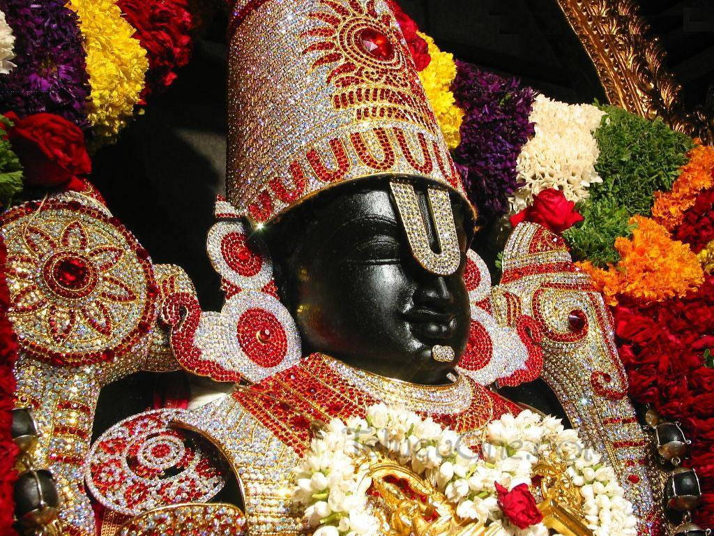 Lord Venkateswara, black deity statue, glittering red and gold jewelry, SD Desktop Wallpaper