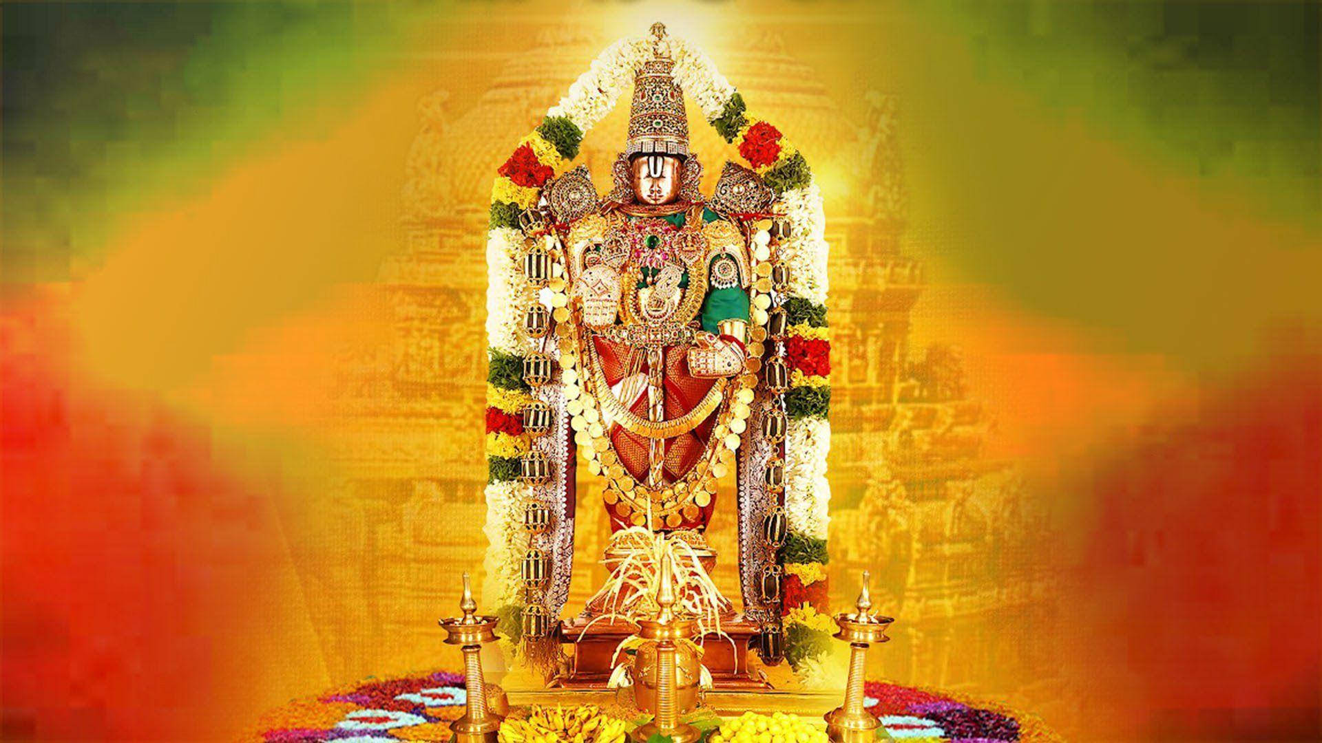 Lord Venkateswara, golden deity, colorful flowers, Full HD Desktop Wallpaper