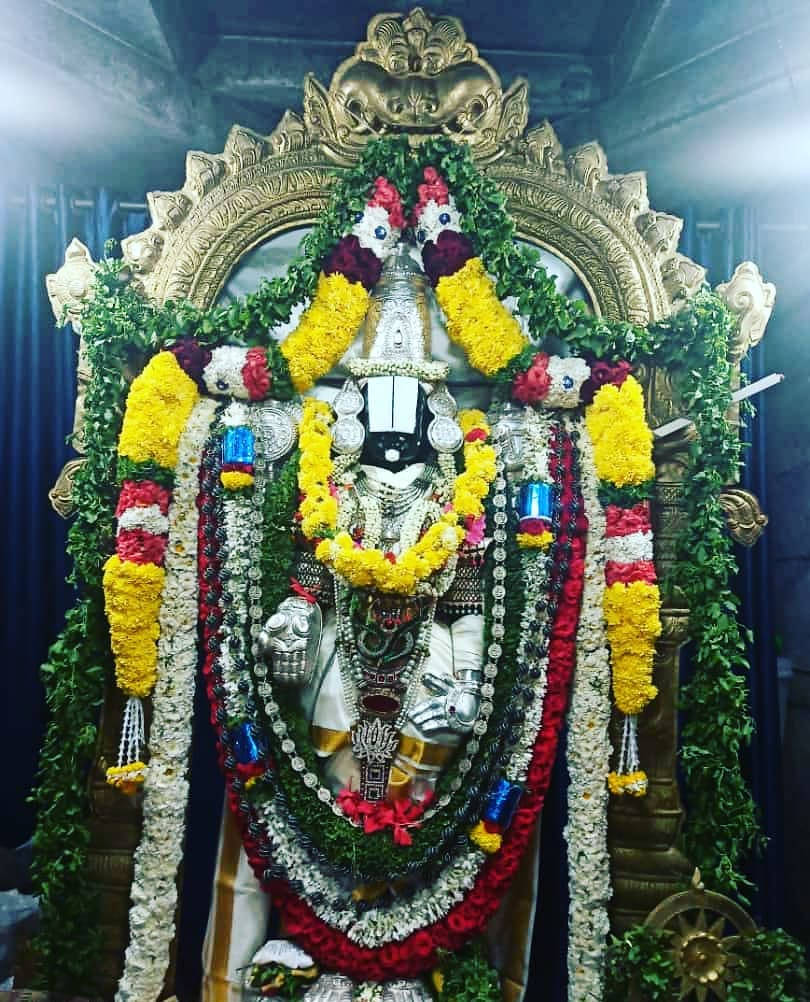 Lord Venkateswara, silver deity statue, vibrant yellow red and white floral garlands, SD Phone Wallpaper