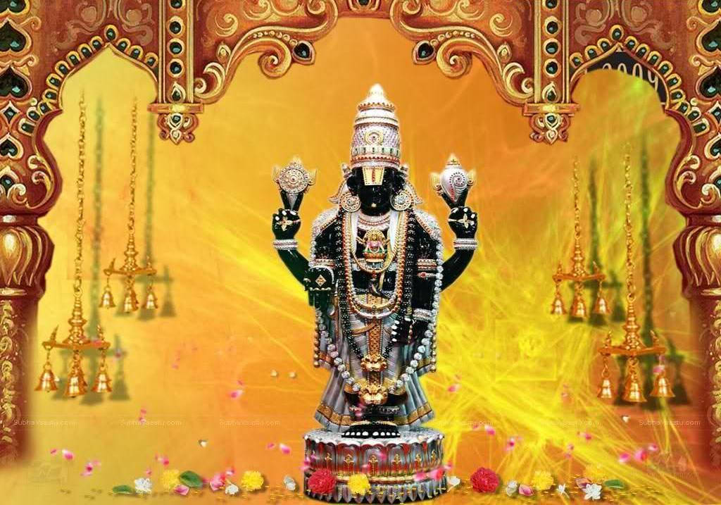 Lord Venkateswara, golden chandeliers, black deity statue, SD Desktop Wallpaper