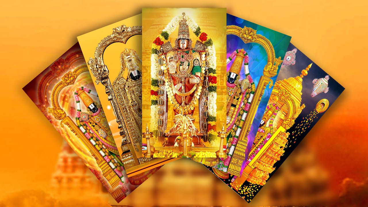Lord Venkateswara, deck of cards, golden-orange gradient background, HD Desktop Wallpaper