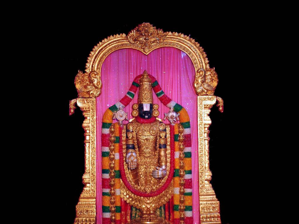 Lord Venkateswara, golden deity statue, colorful garlands, SD Desktop Wallpaper