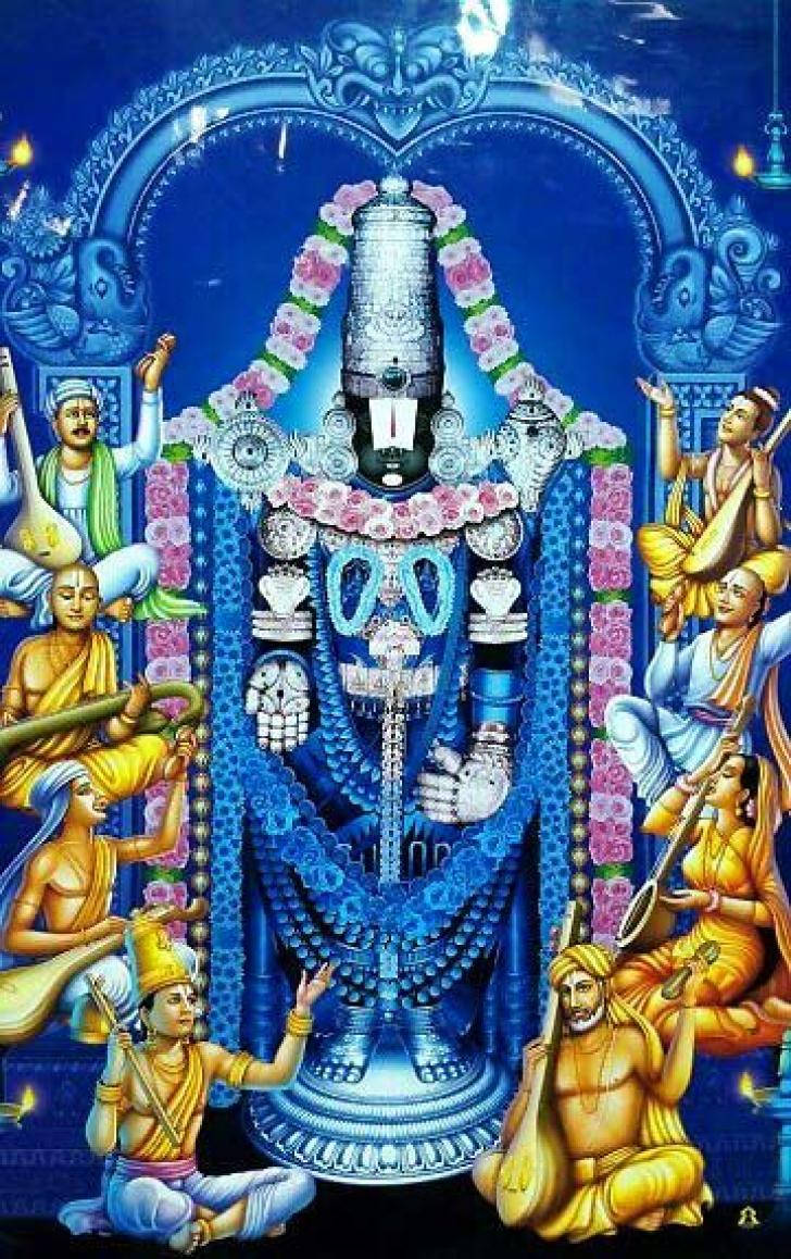 Lord Venkateswara, radiant blue deity, pink flowers, SD Phone Wallpaper