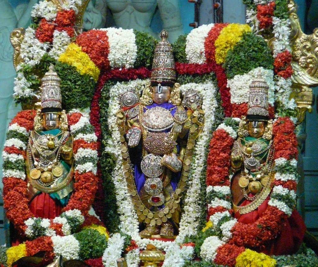 Lord Venkateswara, gold jewelry, vibrant floral garlands, SD Desktop Wallpaper