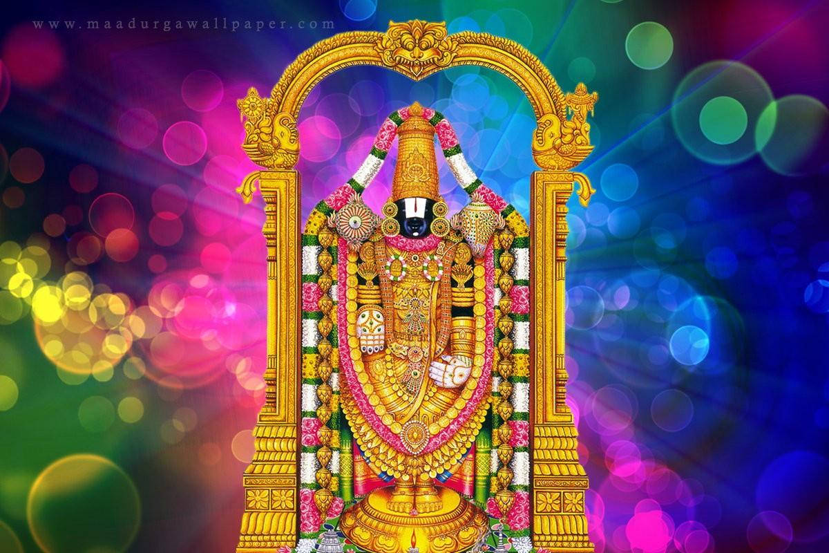 Lord Venkateswara, golden deity, colorful flowers, SD Desktop Wallpaper