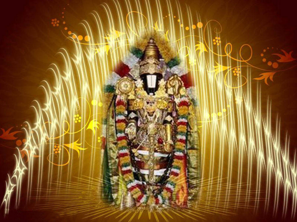 Golden Lord Venkateswara, golden deity, colorful floral garlands, SD Desktop Wallpaper