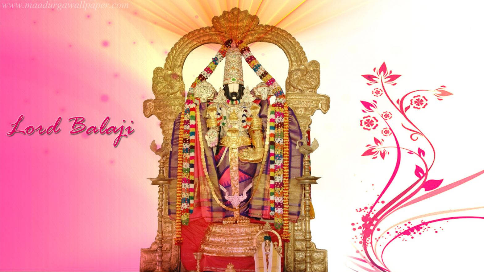 Lord Venkateswara, golden deity, colorful garlands, HD Desktop Wallpaper