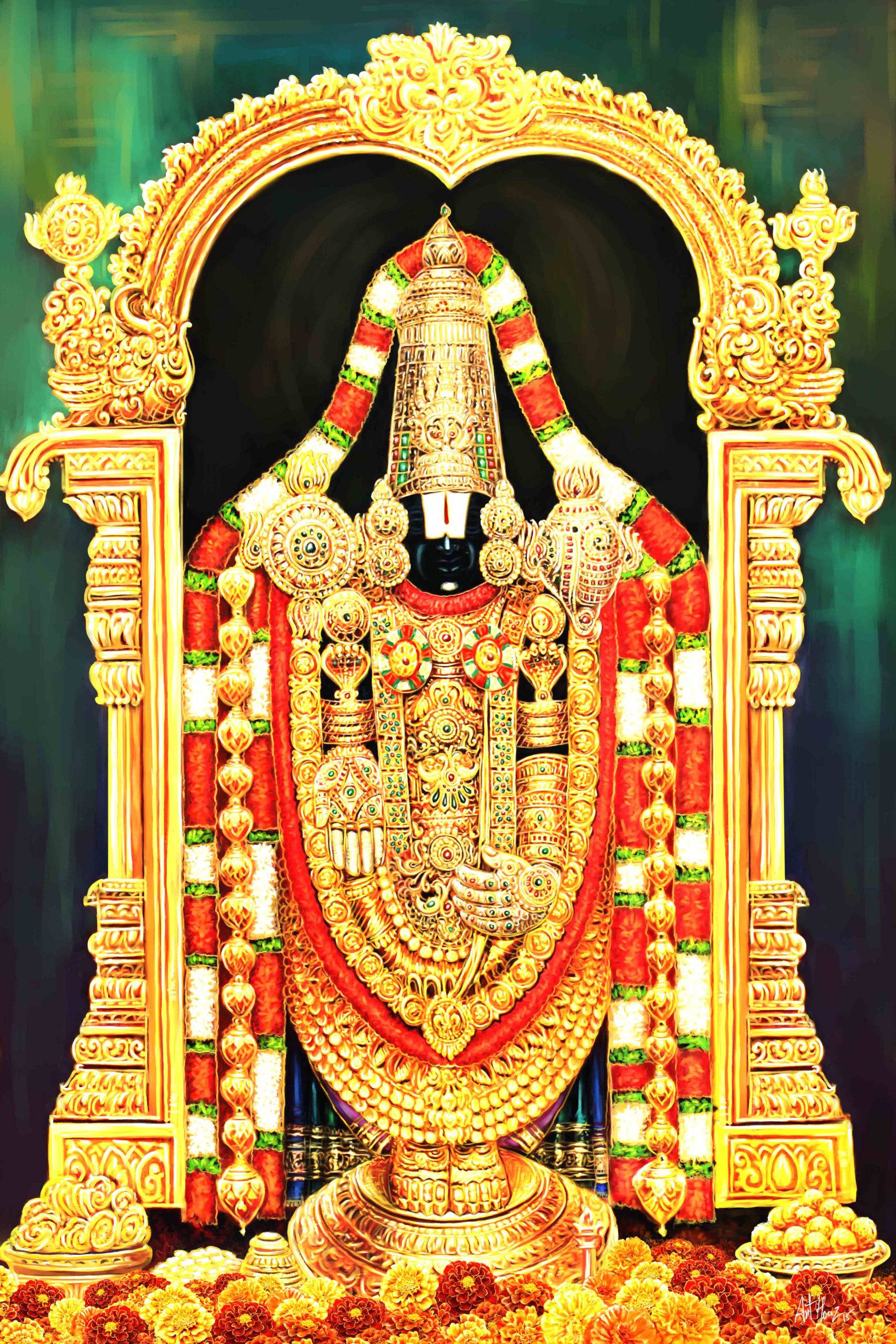 Lord Venkateswara, golden deity, intricate jewelry, 2K Phone Wallpaper