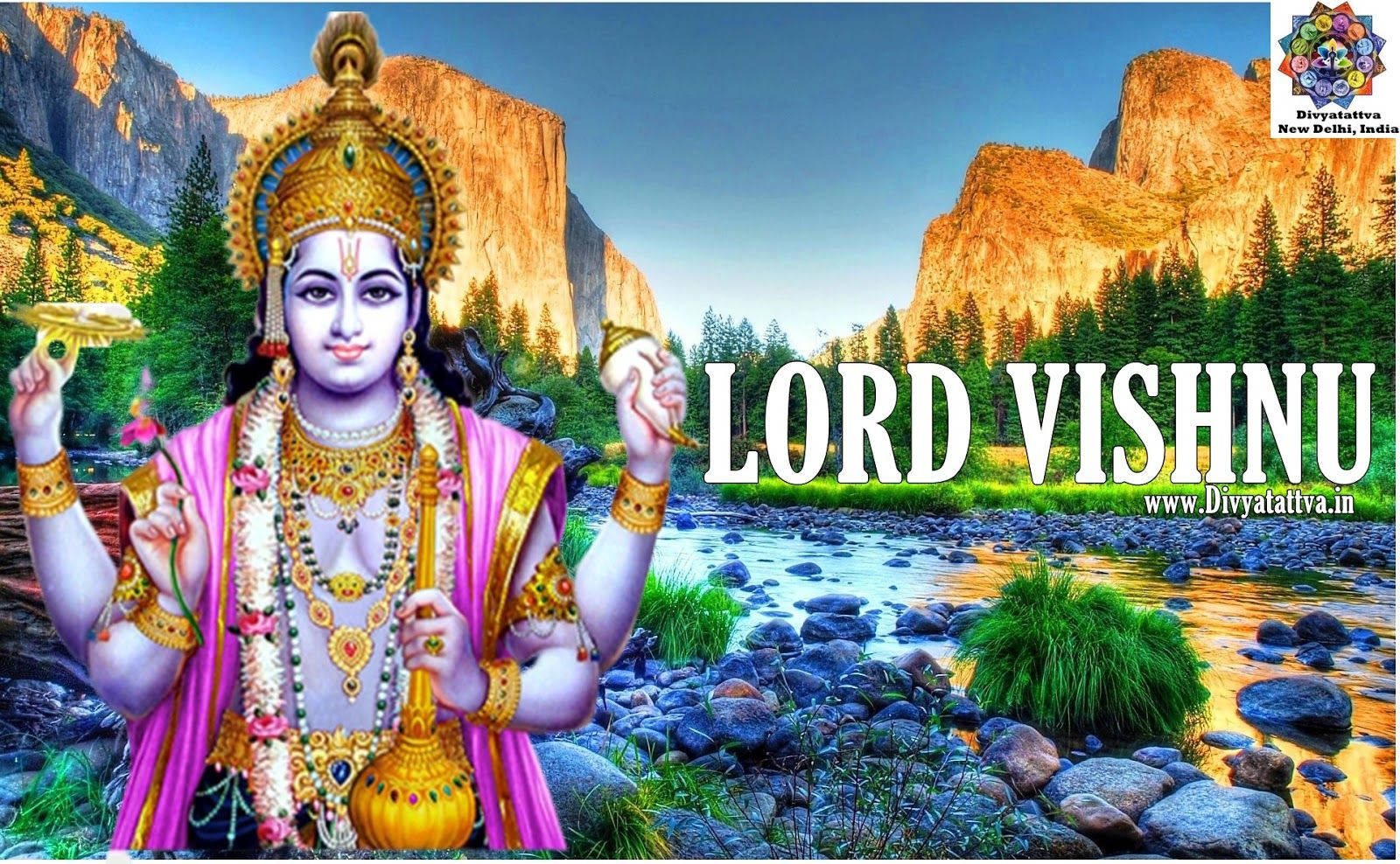 Lord Vishnu, mountainous forest landscape, rocky river, HD Desktop Wallpaper