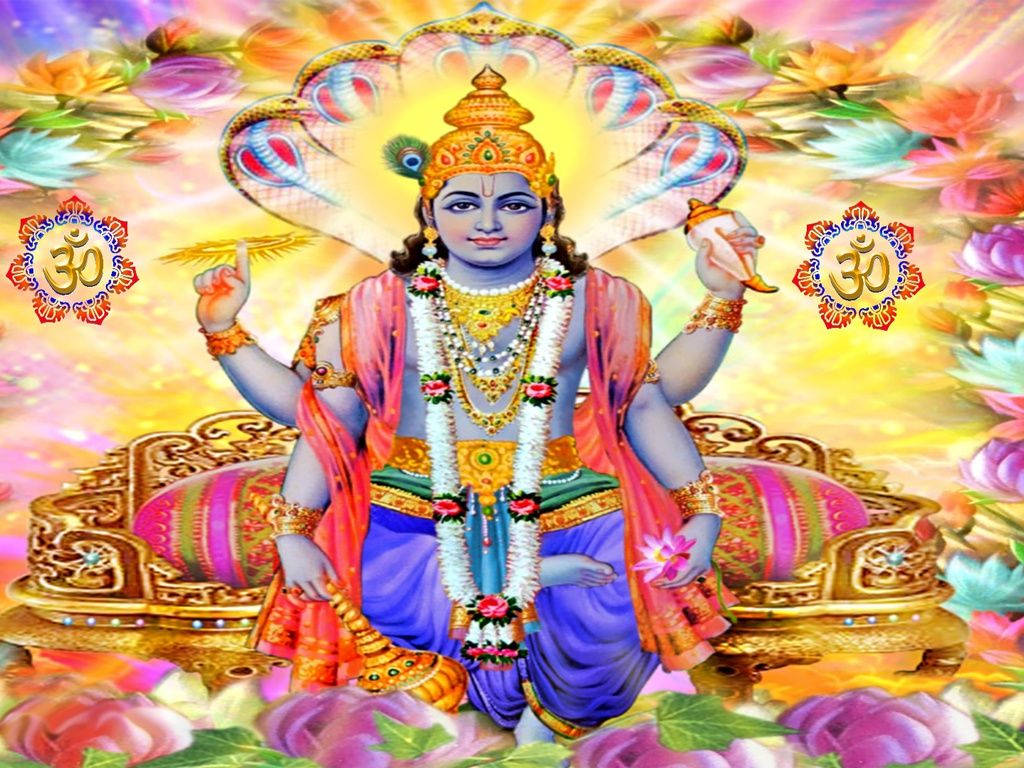 Lord Vishnu, blue skin, golden throne, SD Desktop Wallpaper