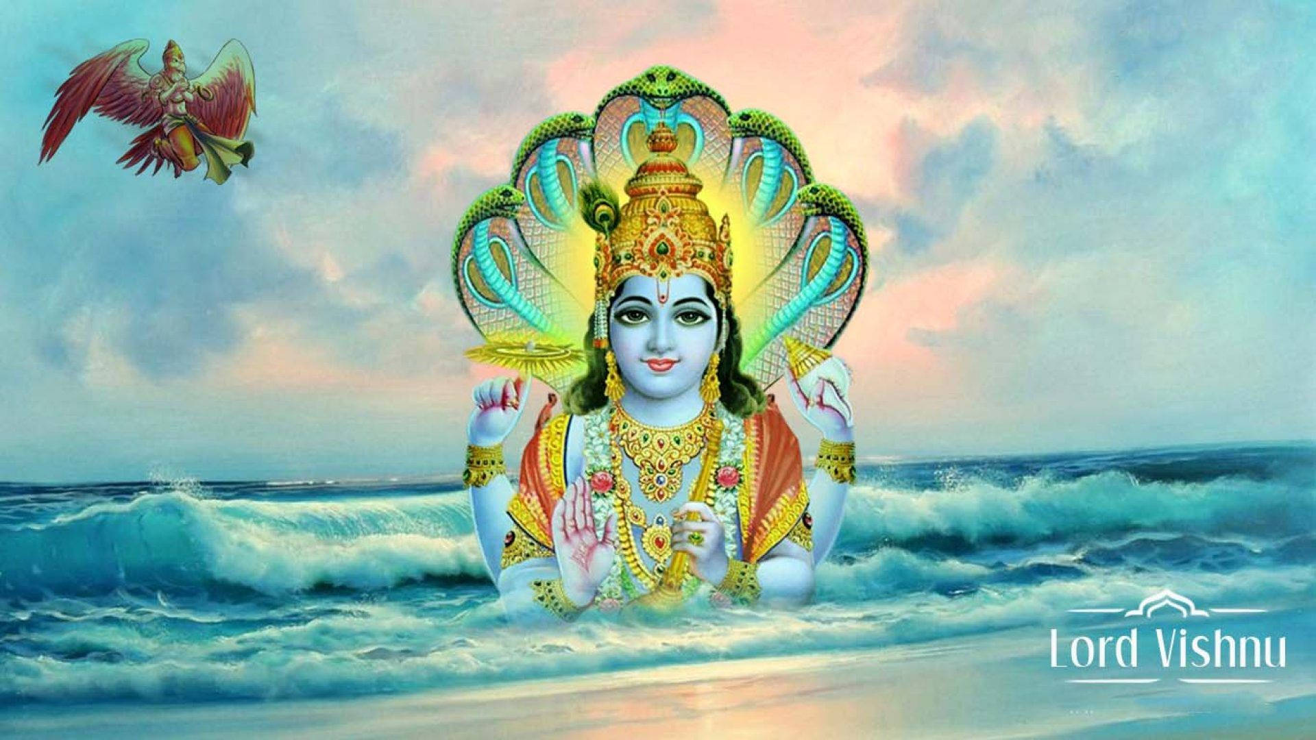 Lord Vishnu, angel, trumpet, Full HD Desktop Wallpaper