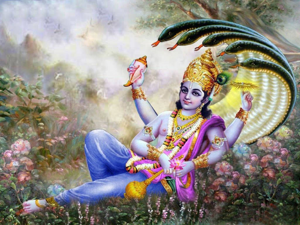 Lord Vishnu, multi-headed serpent crown, floral garden, SD Desktop Wallpaper
