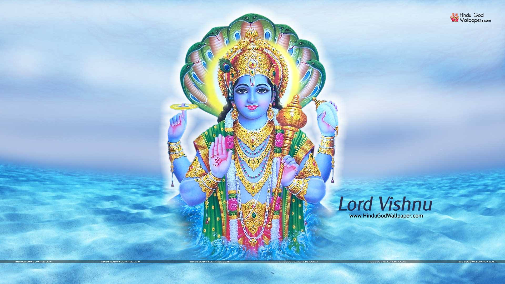 Lord Vishnu, ocean waves, golden jewelry, Full HD Desktop Wallpaper