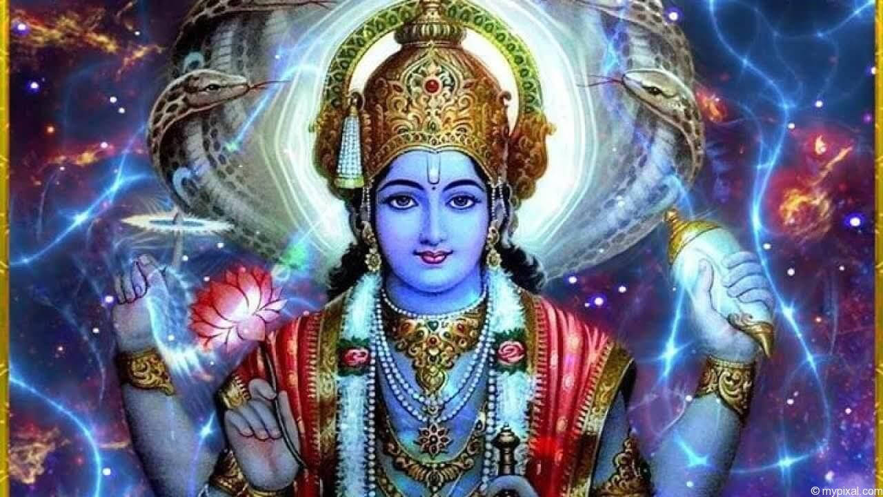 Lord Vishnu, blue skin, golden crown, HD Desktop Wallpaper