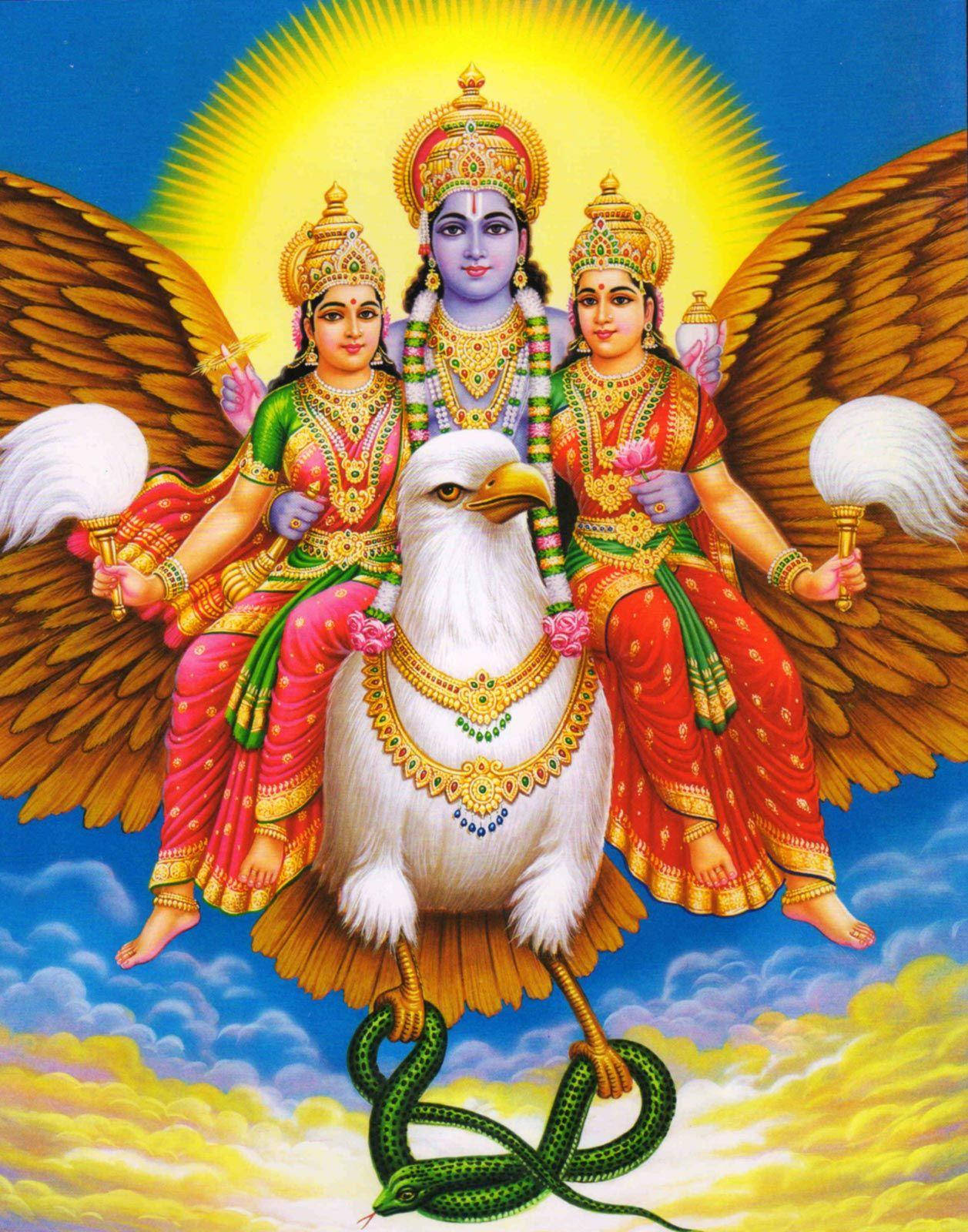 Lord Vishnu, two goddesses, majestic white eagle, HD Phone Wallpaper
