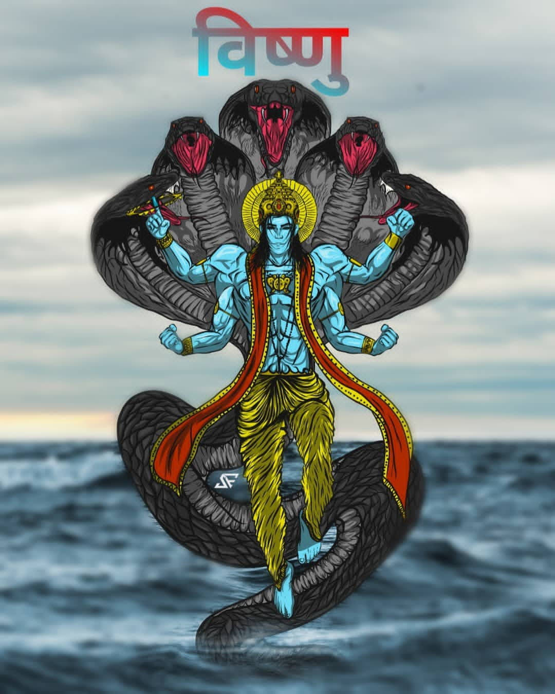 Lord Vishnu, blue-skinned, multiple arms, HD Phone Wallpaper