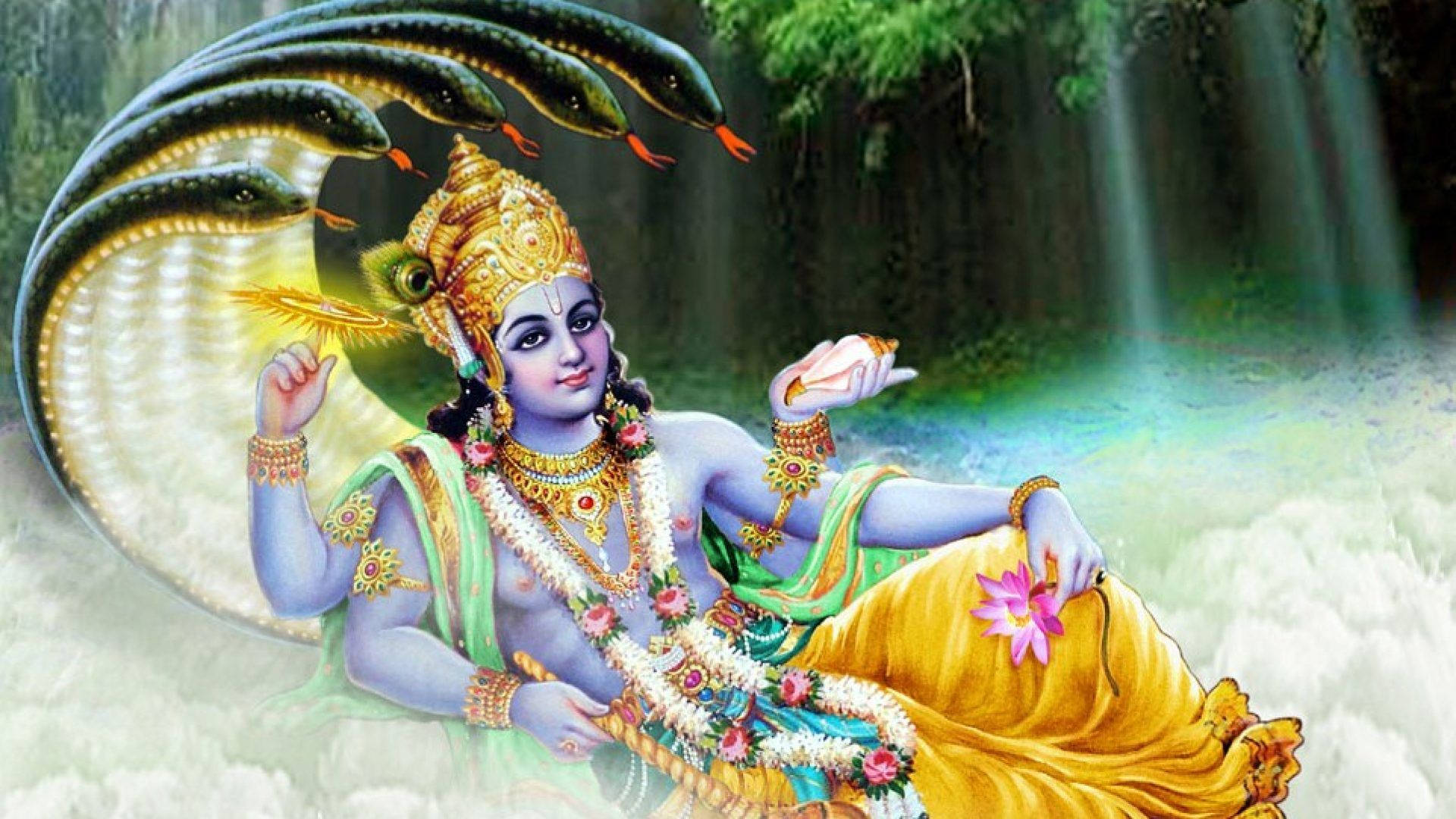 Lord Vishnu, blue-skinned, gold jewelry, Full HD Desktop Wallpaper