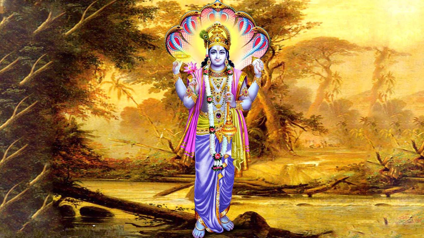 Lord Vishnu, golden landscape, golden-hued forest, HD Desktop Wallpaper