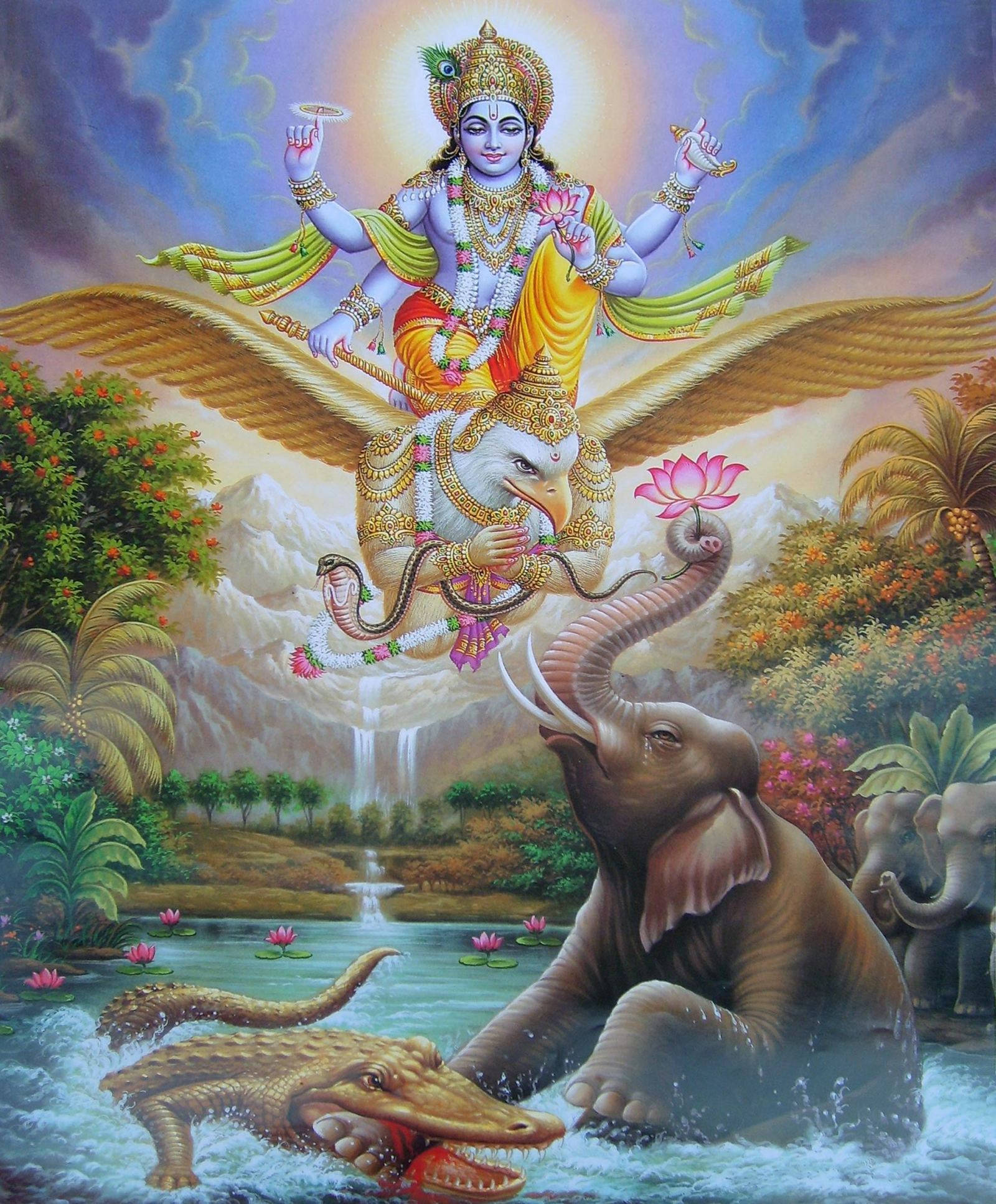 Lord Vishnu, elephant, flower offering, Full HD Phone Wallpaper