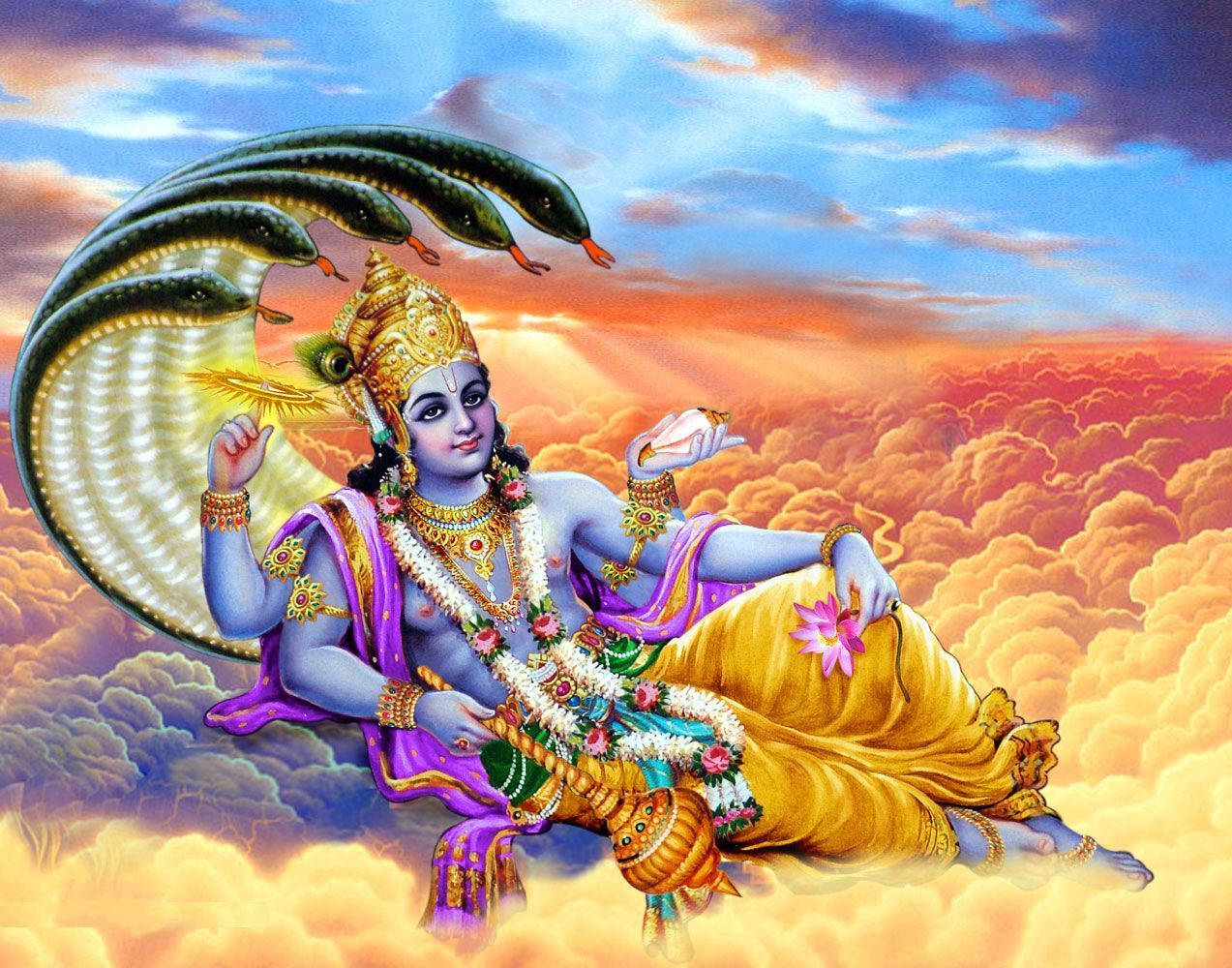 Lord Vishnu, golden clouds, multi-headed serpent hood, SD Desktop Wallpaper