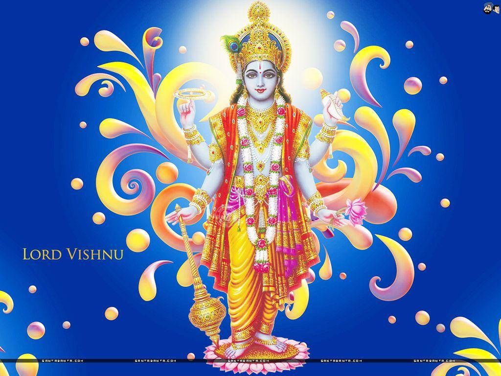 Lord Vishnu, flower garlands, golden attire, SD Desktop Wallpaper